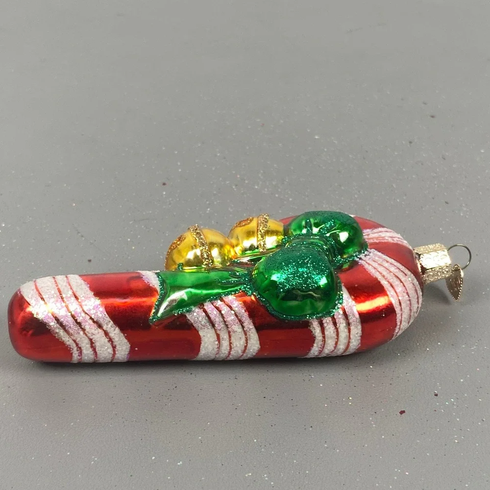 Old World Christmas Blimp & Candy Cane Glass Ornament Set Red Green Glitter